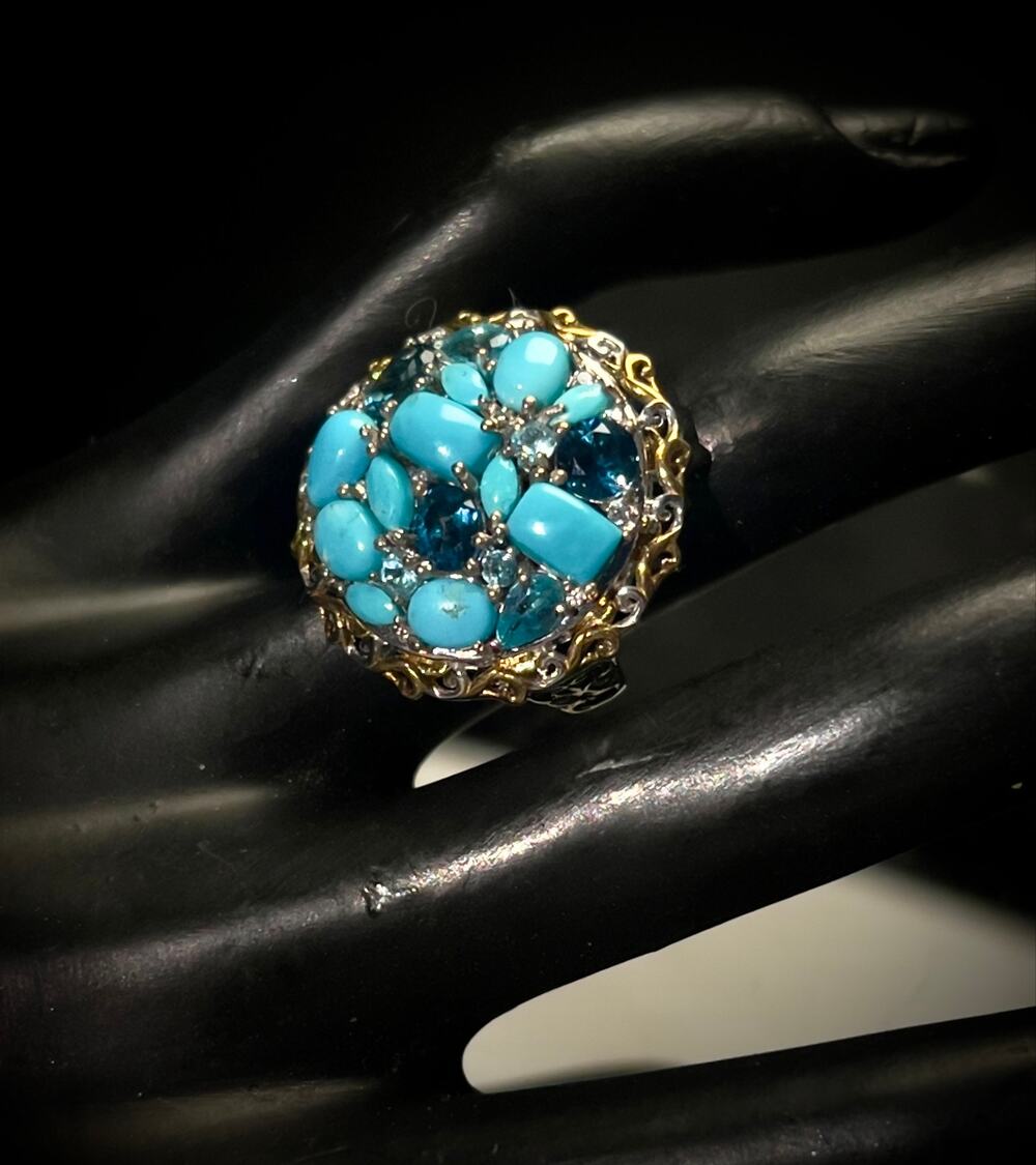 Sterling & 14K Sleeping Beauty Turquoise and London Blue Topaz Ring